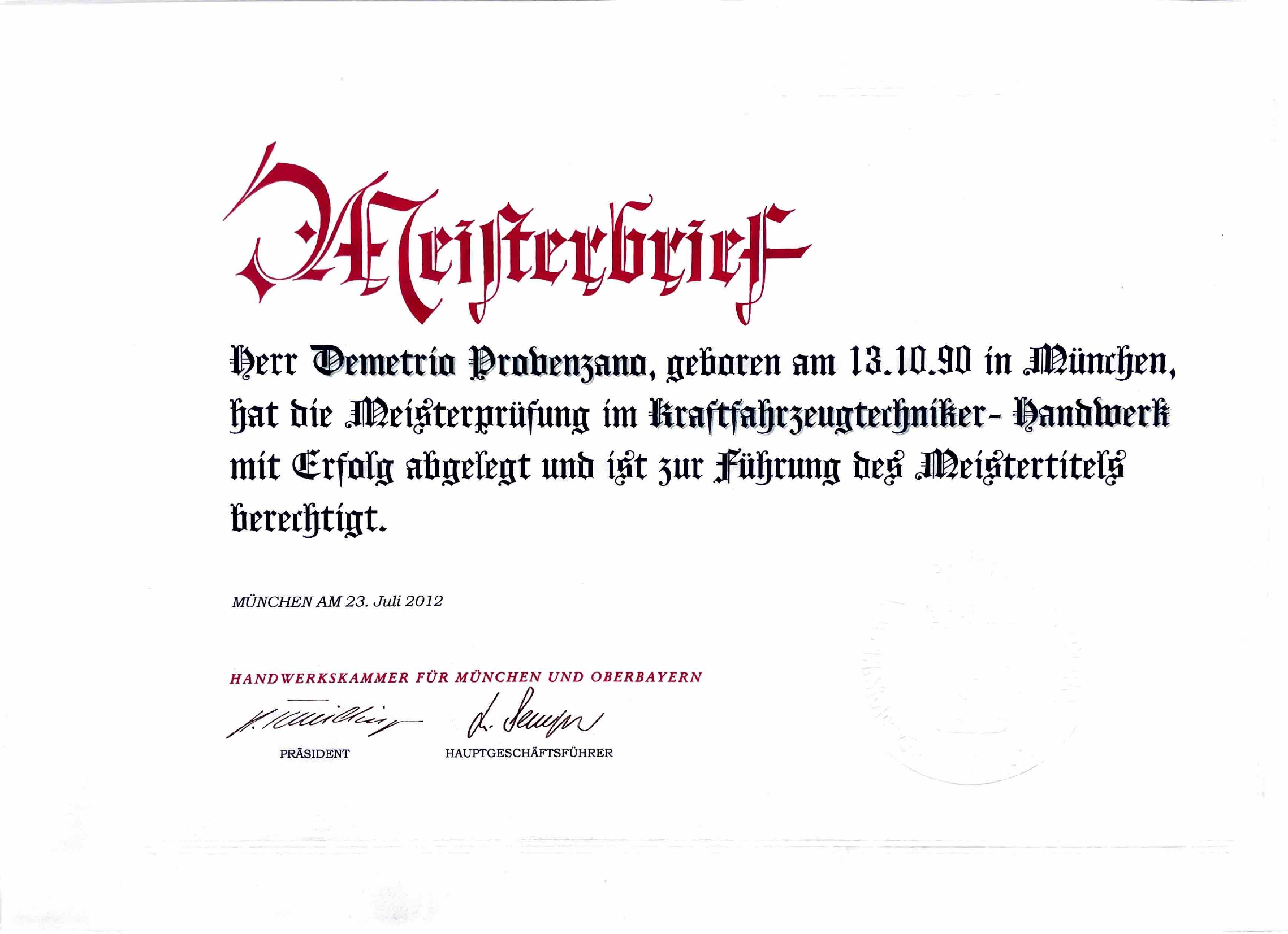 KFZ-Meisterbrief Demetrio Provenzano